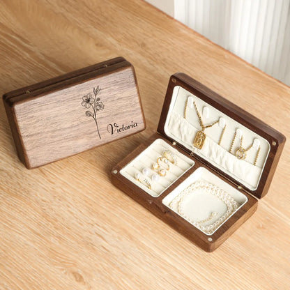 Custom Birth Flower Wooden Jewelry Box – Personalized Gift for Her