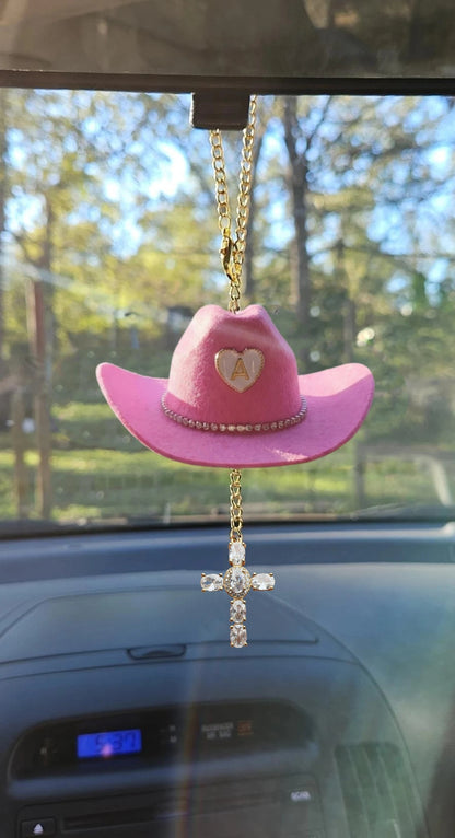 Mini Cowgirl Hat Car Charm – Custom Crystal Cross & Initial