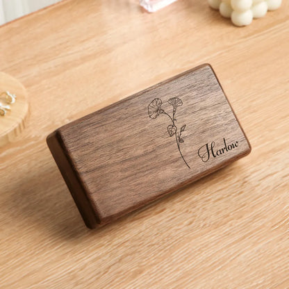 Custom Birth Flower Wooden Jewelry Box – Personalized Gift for Her