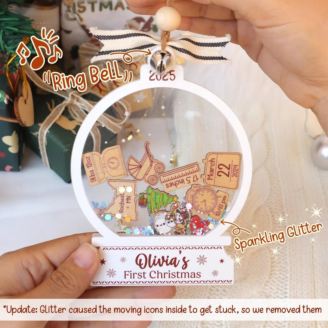 Personalized Baby's First Christmas Ornament 2025 - Custom Name Shaker Gift