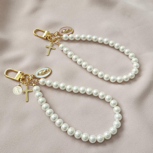 Pearl Wristlet Keychain – Faith Charm Accessory with Custom Initial