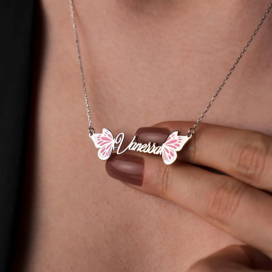Butterfly Name Necklace with Pink Enamel Wings – Custom Jewelry Gift