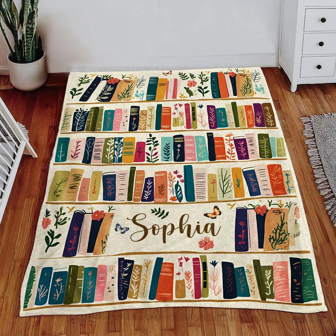 Vintage Bookshelf Throw Blanket - Cozy Floral Bookish Gift for Readers