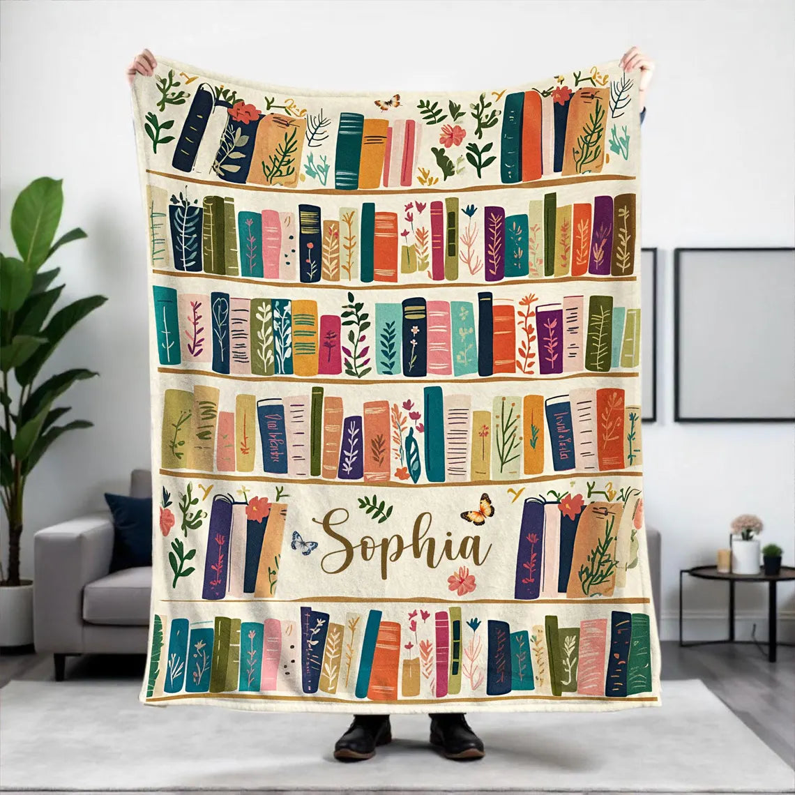 Vintage Bookshelf Throw Blanket - Cozy Floral Bookish Gift for Readers