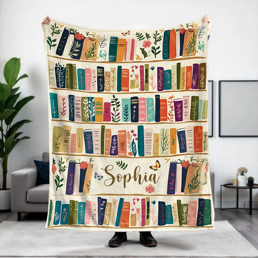 Vintage Bookshelf Throw Blanket - Cozy Floral Bookish Gift for Readers