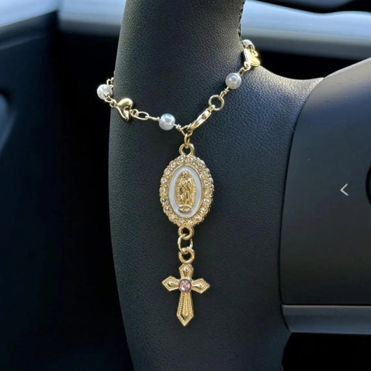 Heart & Pearl Steering Wheel Rosary Charm - Custom Car Accessory