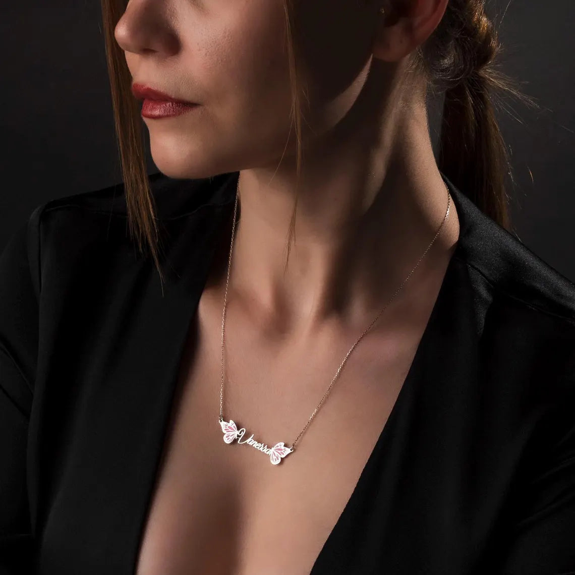 Butterfly Name Necklace with Pink Enamel Wings – Custom Jewelry Gift