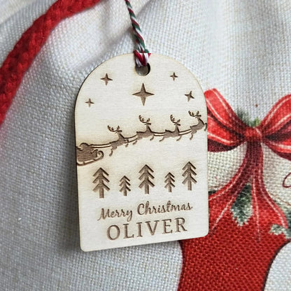 Personalized Santa Sack – Custom Christmas Gift Bag with Name & Wooden Tag