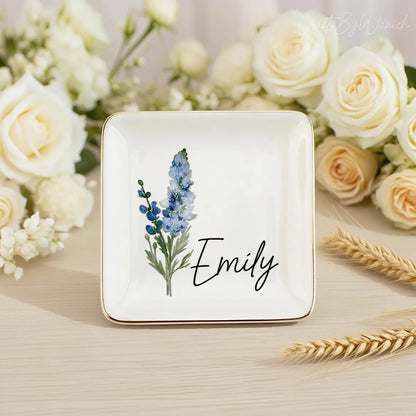 Personalised Birth Flower Trinket Dish – Custom Name Ring Dish Gift