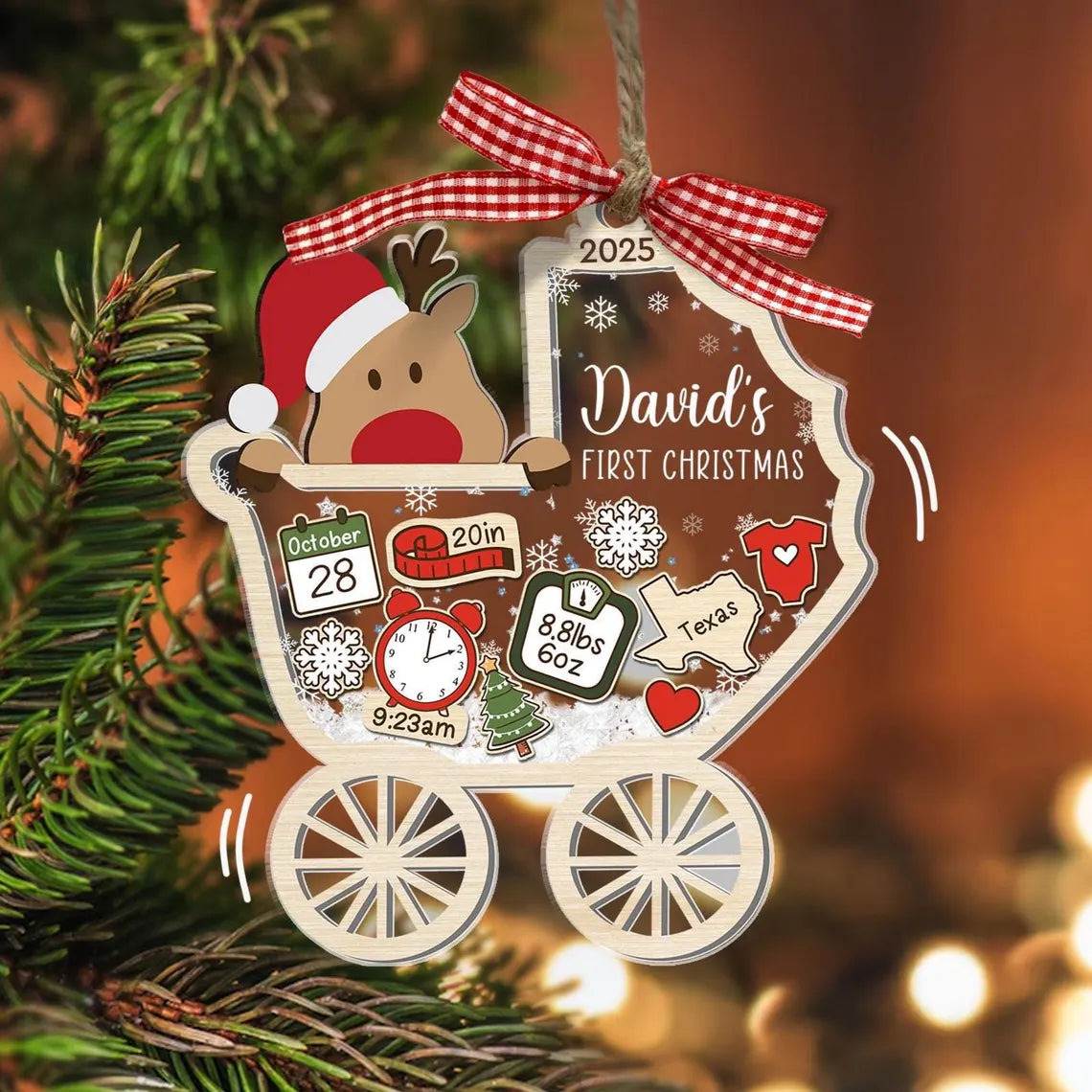 Baby’s First Christmas 2025 – Personalized Reindeer 4D Ornament