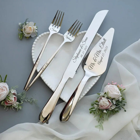 Personalized Wedding Cake Cutting Set – Knife, Server & Forks