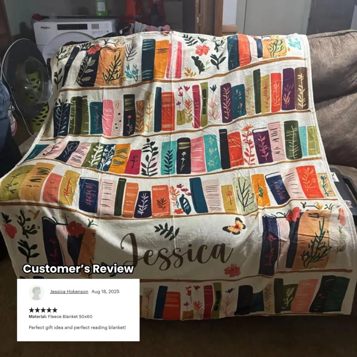 Vintage Bookshelf Throw Blanket - Cozy Floral Bookish Gift for Readers
