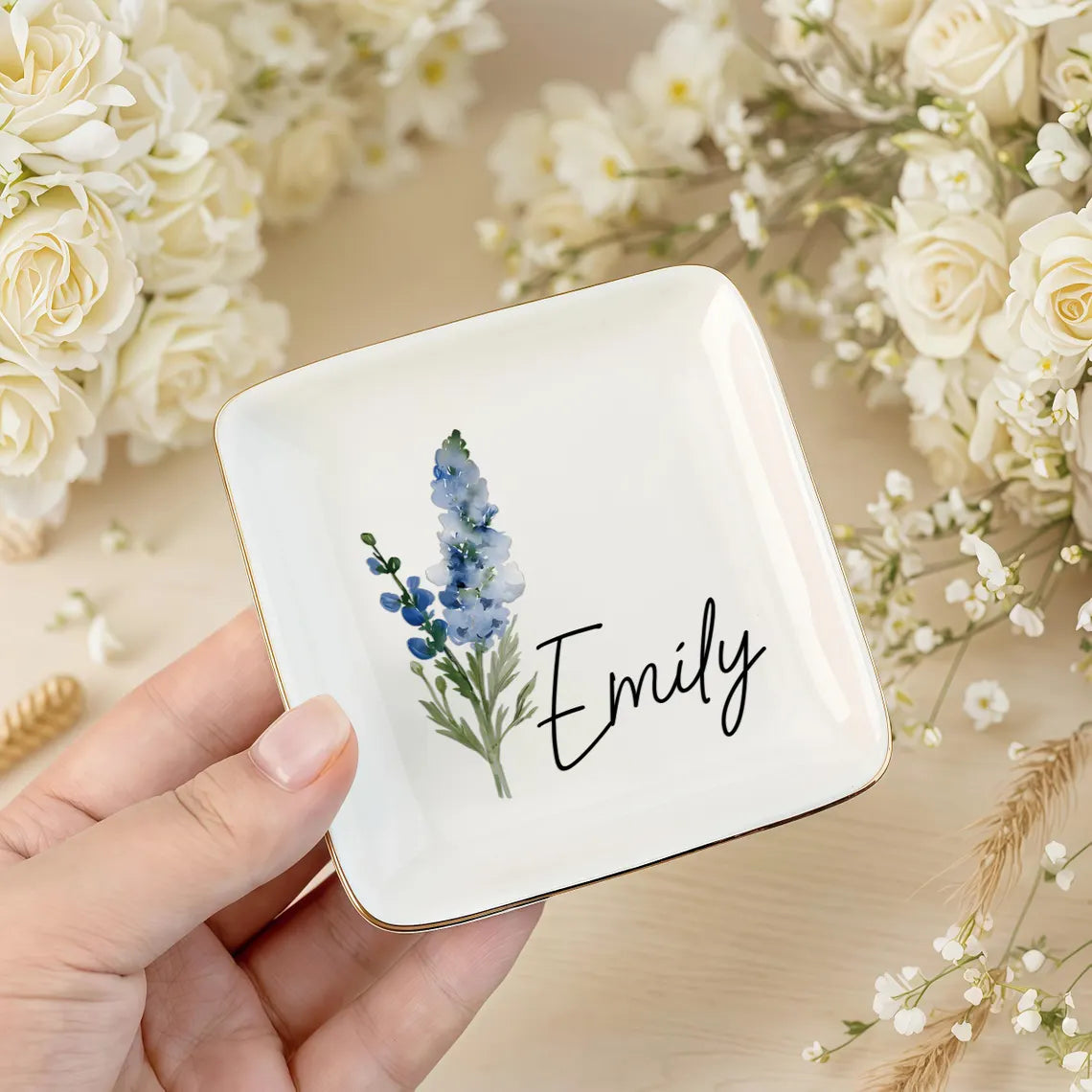 Personalised Birth Flower Trinket Dish – Custom Name Ring Dish Gift