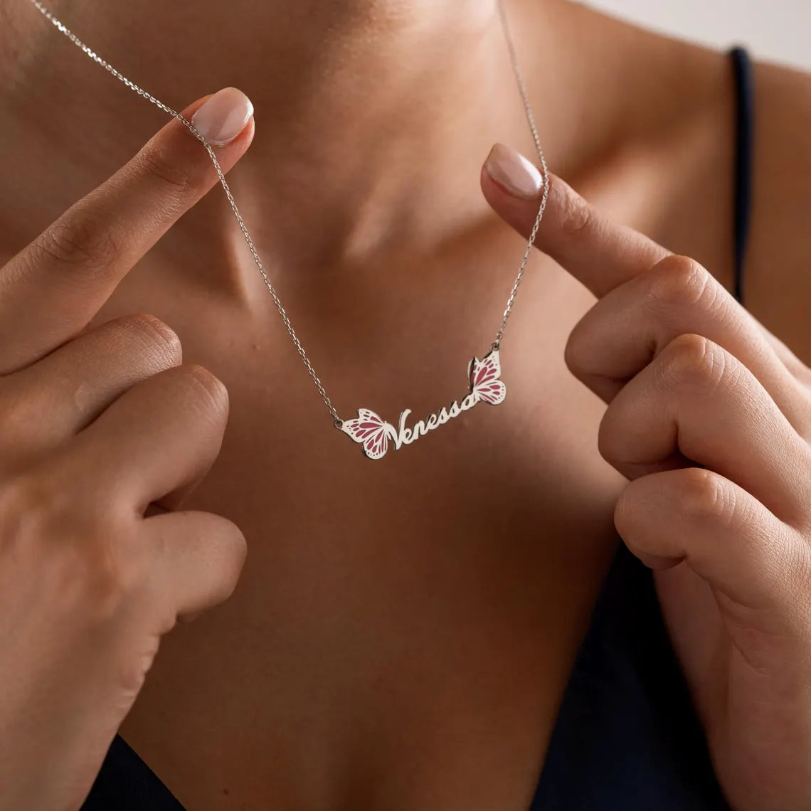 Butterfly Name Necklace with Pink Enamel Wings – Custom Jewelry Gift