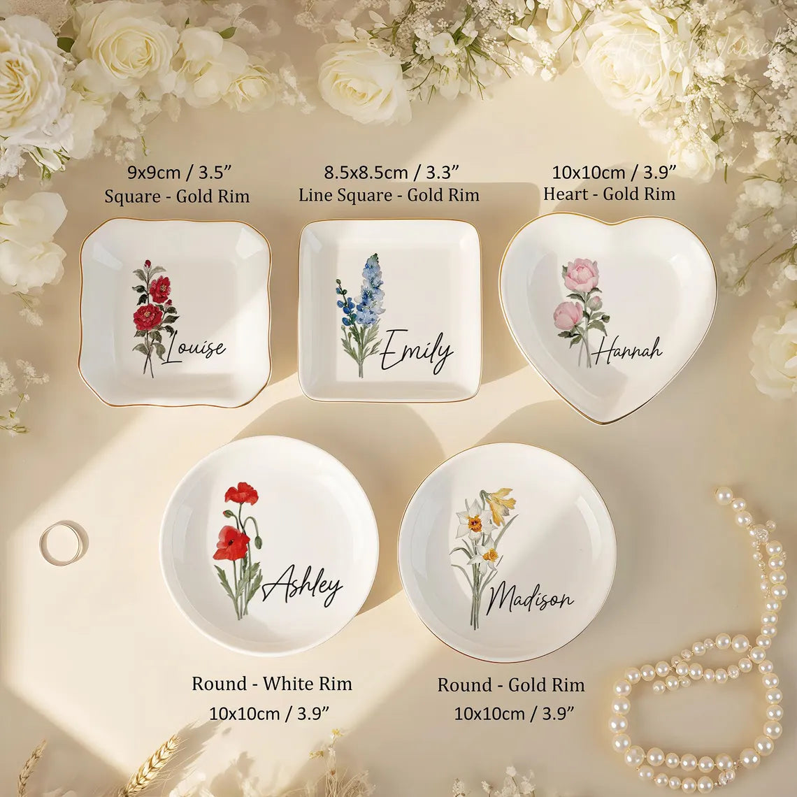 Personalised Birth Flower Trinket Dish – Custom Name Ring Dish Gift