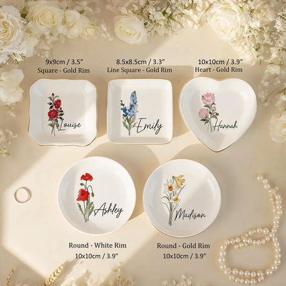 Personalised Birth Flower Trinket Dish – Custom Name Ring Dish Gift