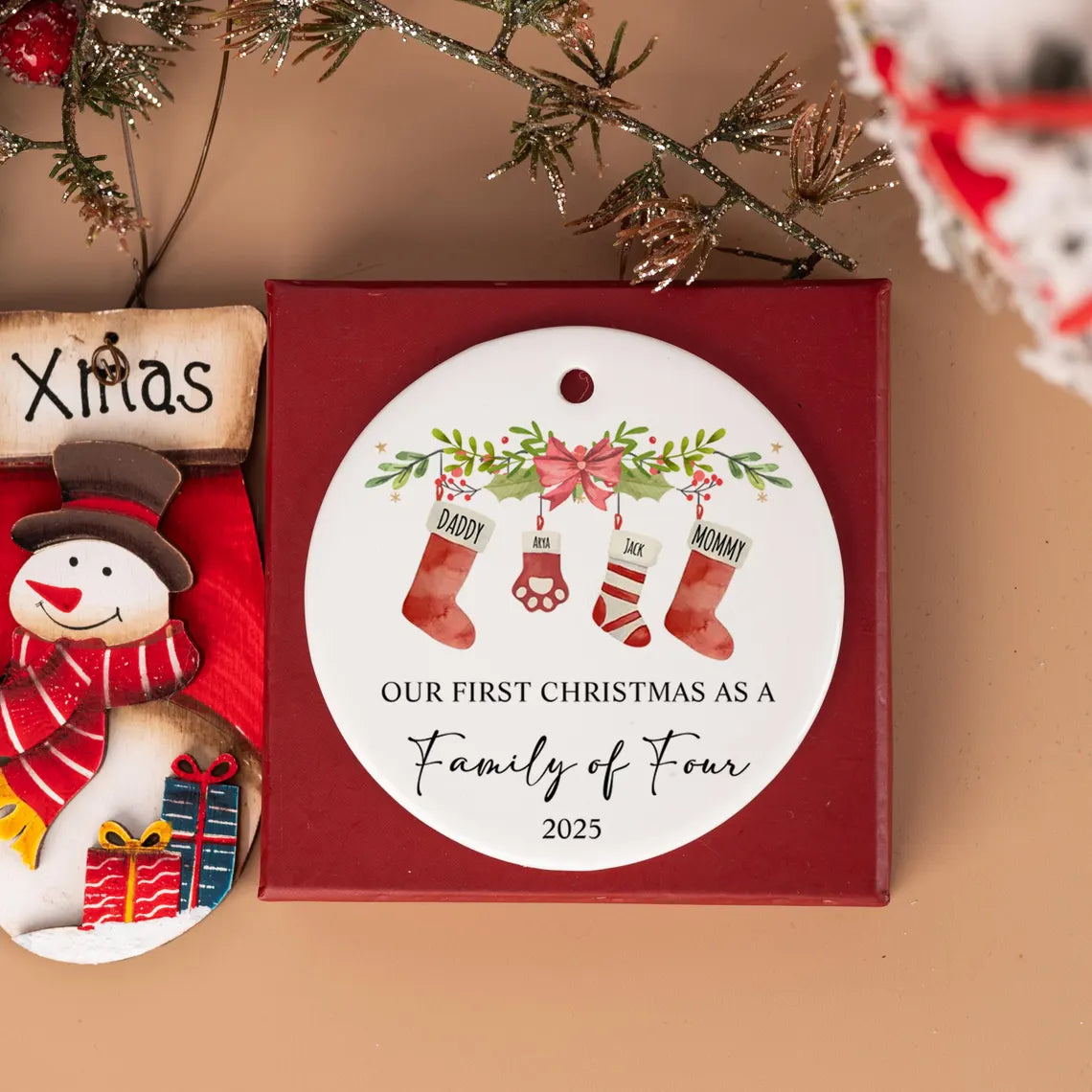 Our First Christmas Ceramic Ornament – Custom Family & Pet Keepsake 2–6 Members