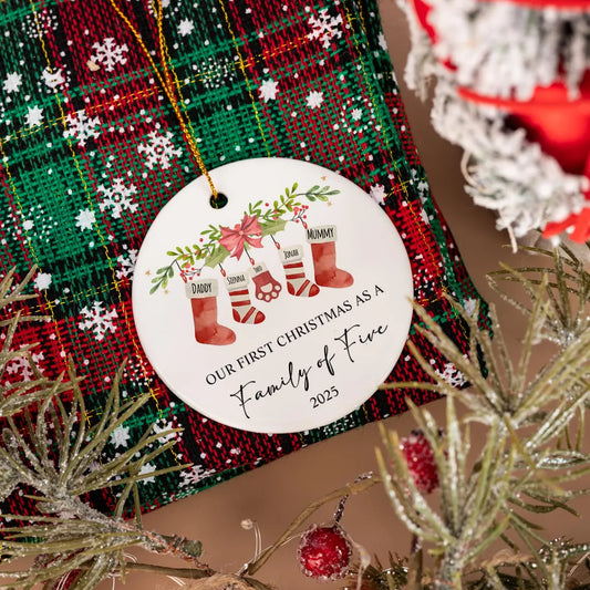 Our First Christmas Ceramic Ornament – Custom Family & Pet Keepsake 2–6 Members