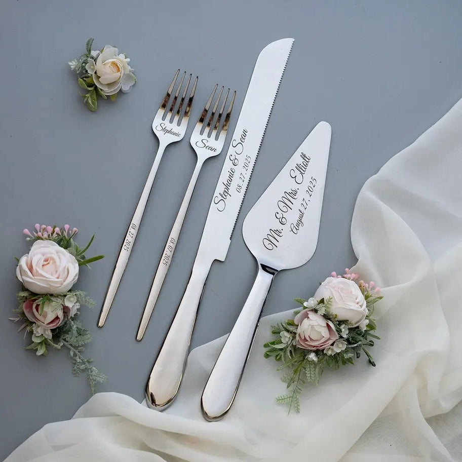 Personalized Wedding Cake Cutting Set – Knife, Server & Forks