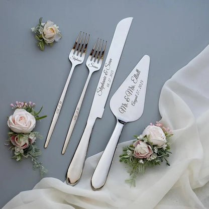Personalized Wedding Cake Cutting Set – Knife, Server & Forks