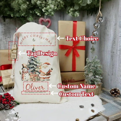 Personalized Santa Sack – Custom Christmas Gift Bag with Name & Wooden Tag