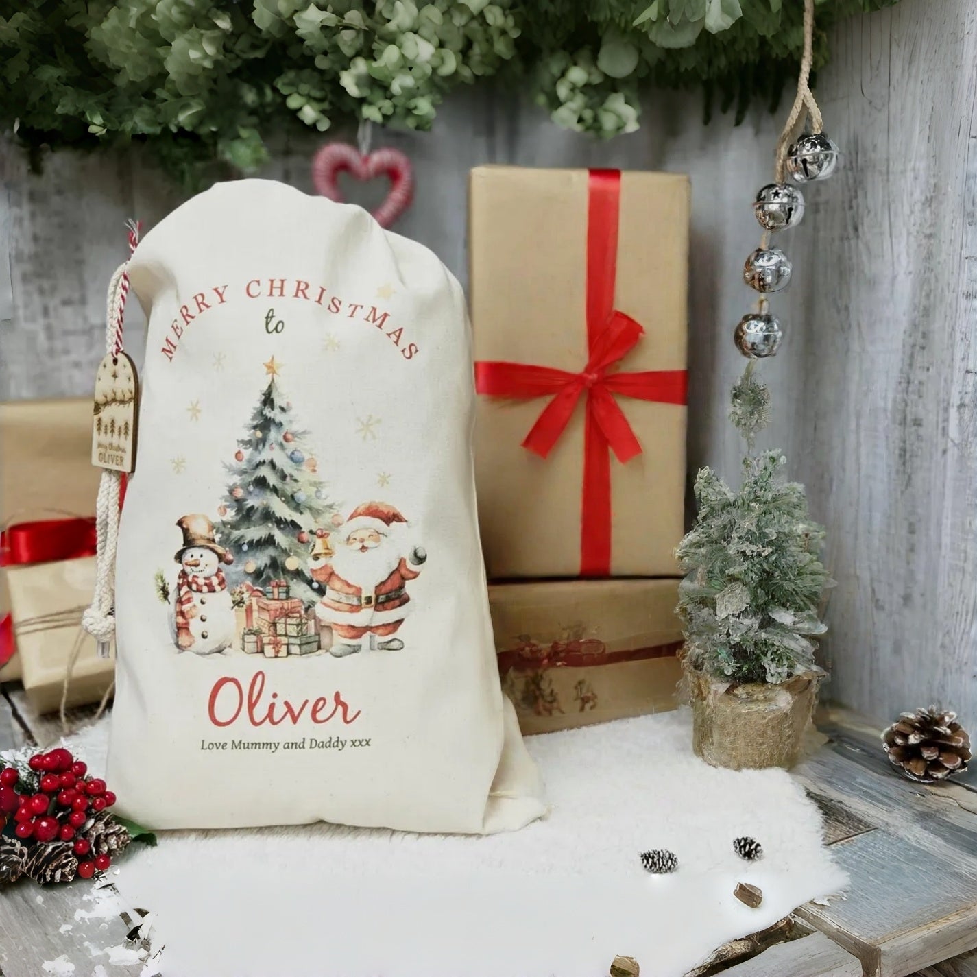 Personalized Santa Sack – Custom Christmas Gift Bag with Name & Wooden Tag