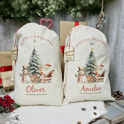 Personalized Santa Sack – Custom Christmas Gift Bag with Name & Wooden Tag