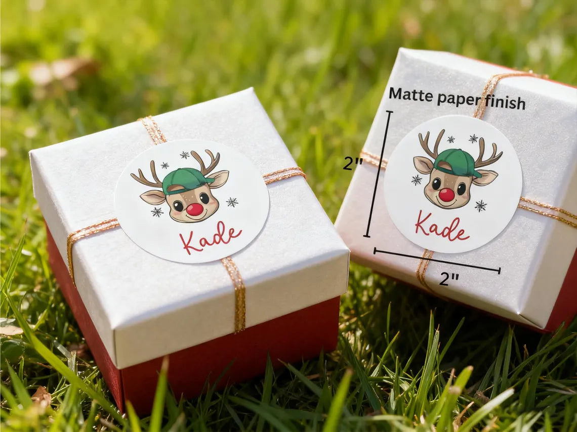 Personalized Reindeer Christmas Name Labels – Kids Gift Stickers