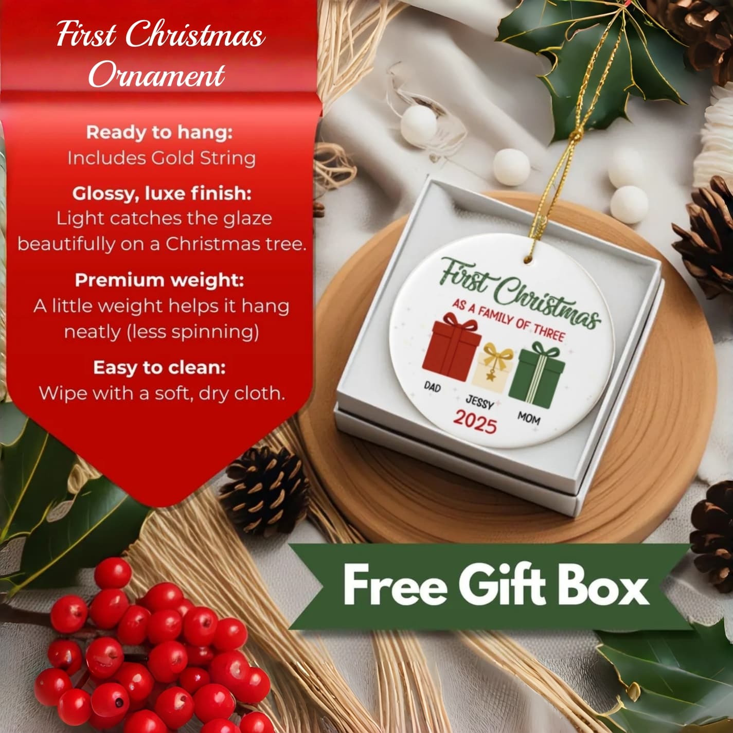 Baby’s First Christmas Ornament 2025 | Personalized Family Ornament