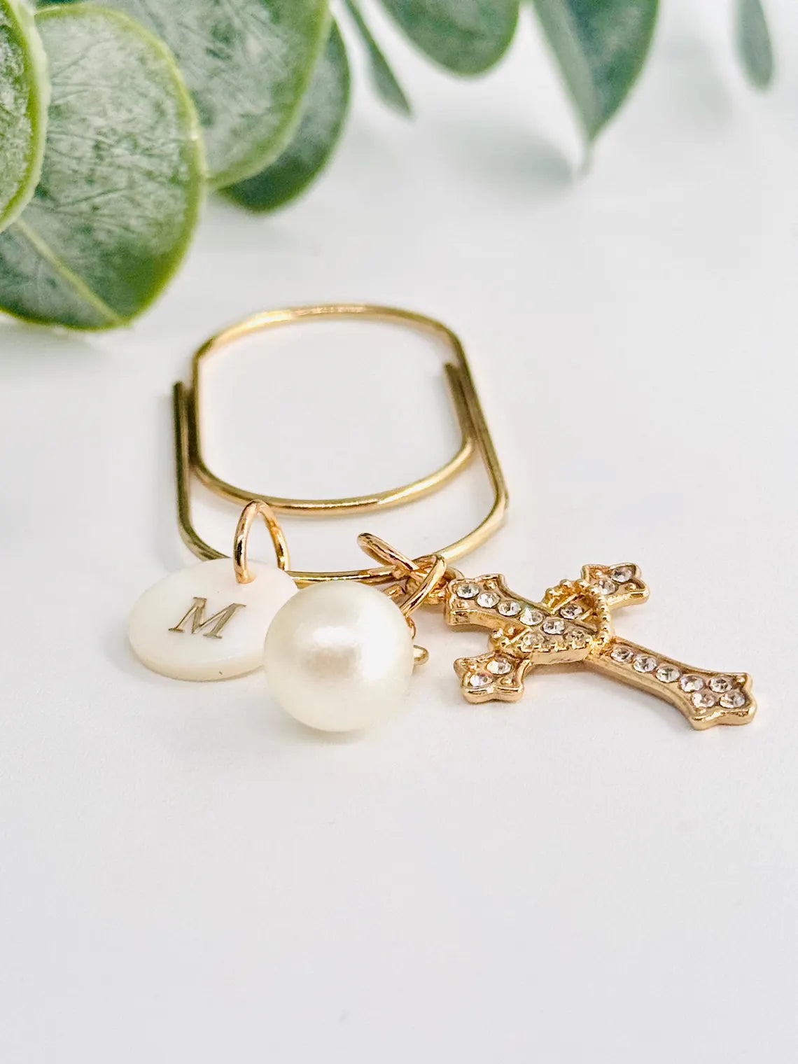 Mini Initial Paper Clip with Cross & Pearl | Planner Accessory Gift