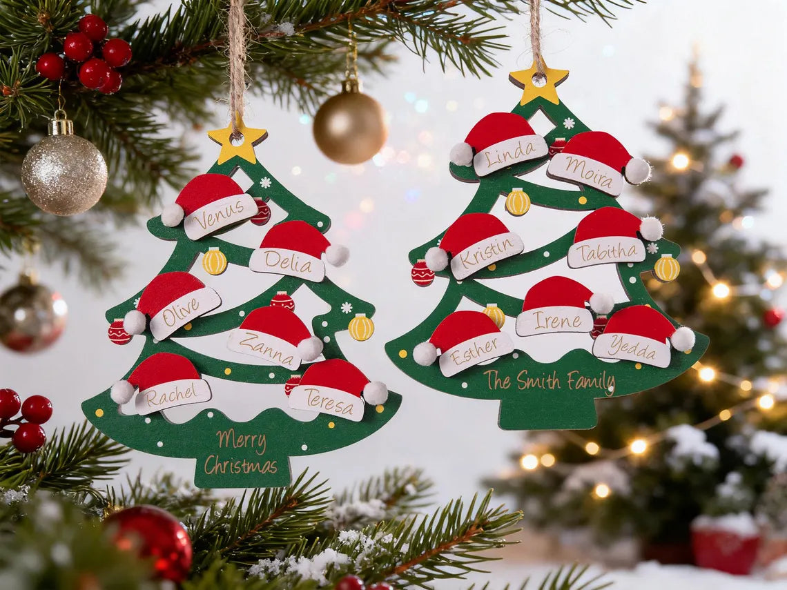 2025 Personalized Wooden Family Christmas Tree Ornament – Names on Hats