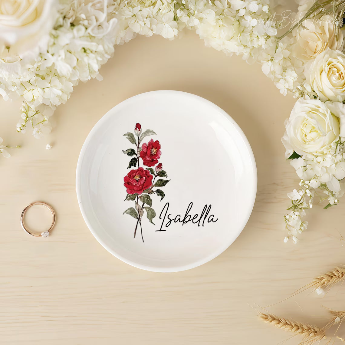 Personalised Birth Flower Trinket Dish – Custom Name Ring Dish Gift