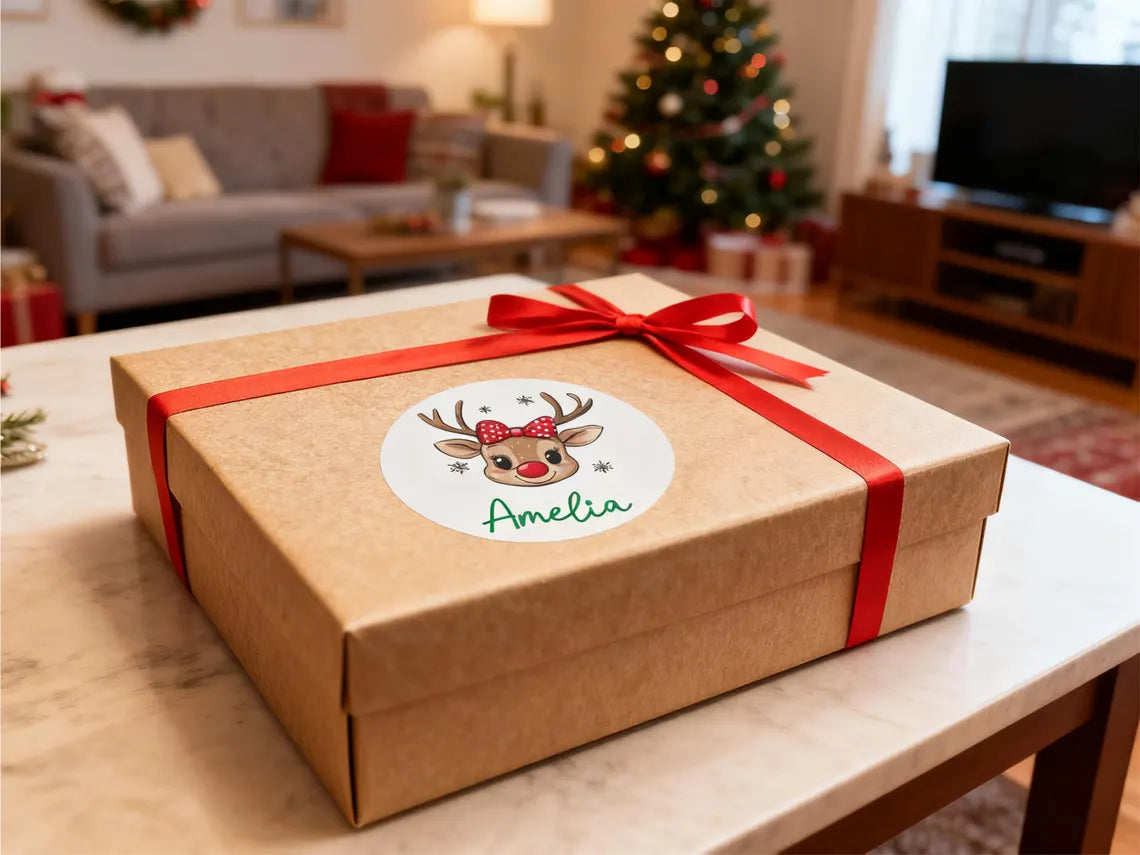 Personalized Reindeer Christmas Name Labels – Kids Gift Stickers