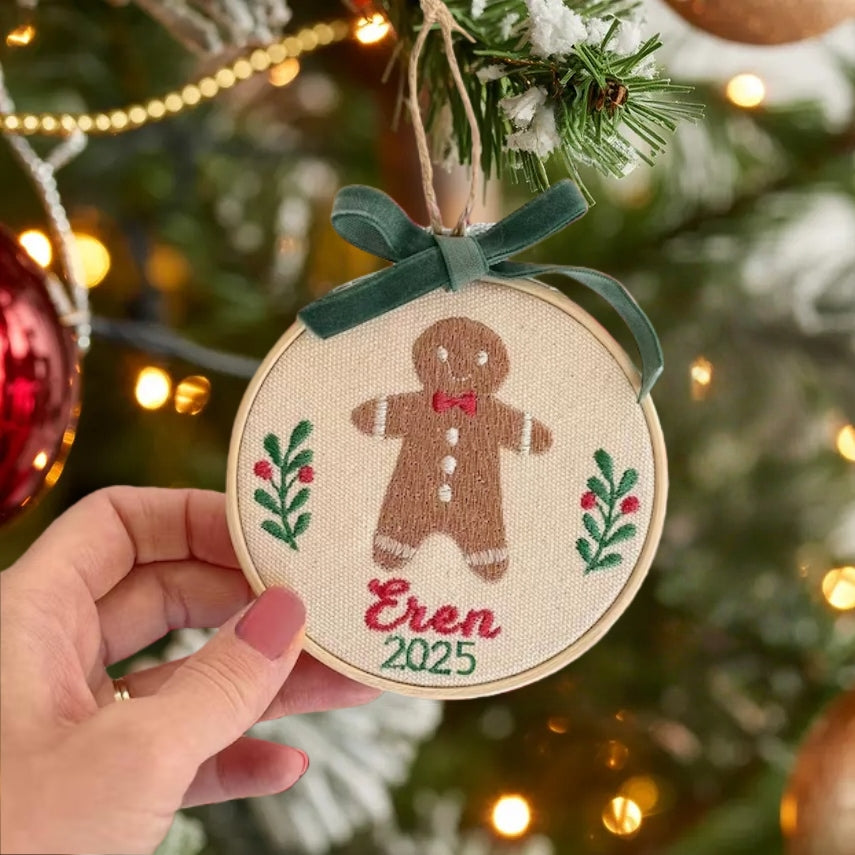Personalized First Christmas Ornament | Embroidered Gingerbread Design