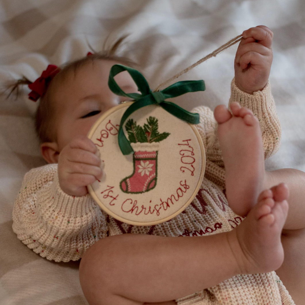 Personalized Embroidered First Christmas Ornament | Rocking Horse & Snowman