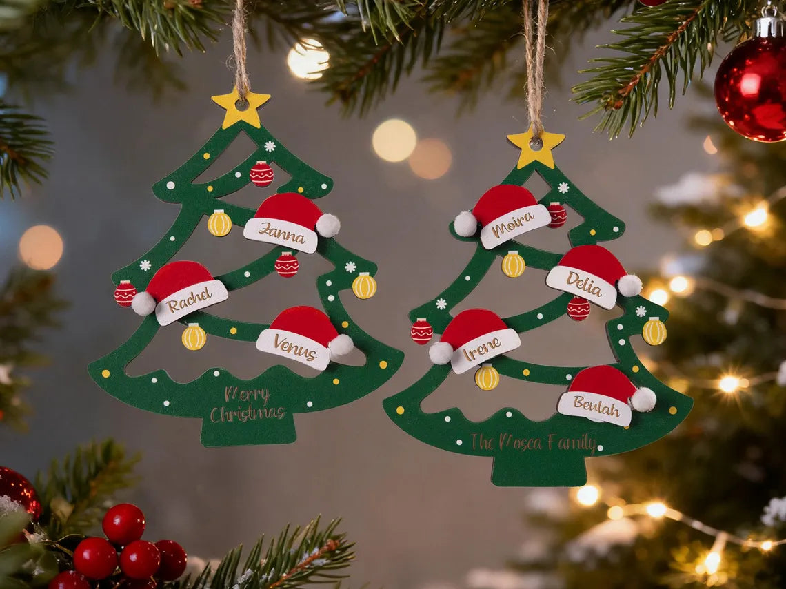 2025 Personalized Wooden Family Christmas Tree Ornament – Names on Hats