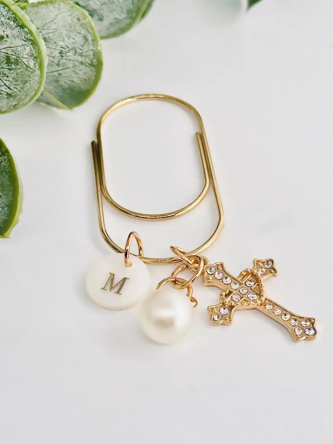 Mini Initial Paper Clip with Cross & Pearl | Planner Accessory Gift