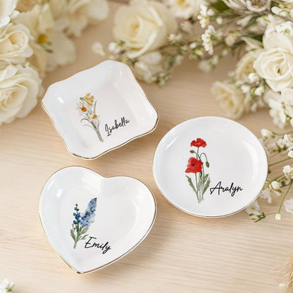 Personalised Birth Flower Trinket Dish – Custom Name Ring Dish Gift