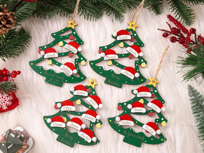 2025 Personalized Wooden Family Christmas Tree Ornament – Names on Hats