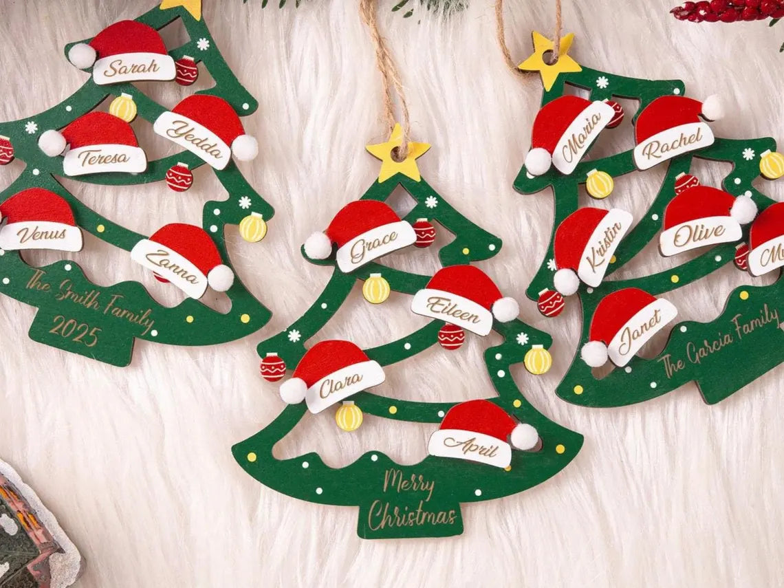 2025 Personalized Wooden Family Christmas Tree Ornament – Names on Hats