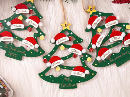 2025 Personalized Wooden Family Christmas Tree Ornament – Names on Hats
