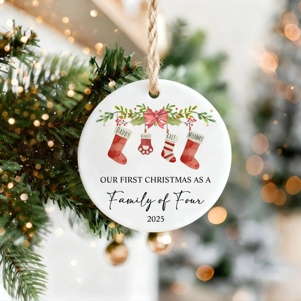 Our First Christmas Ceramic Ornament – Custom Family & Pet Keepsake 2–6 Members