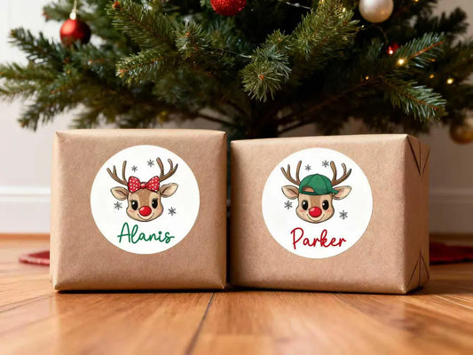 Personalized Reindeer Christmas Name Labels – Kids Gift Stickers