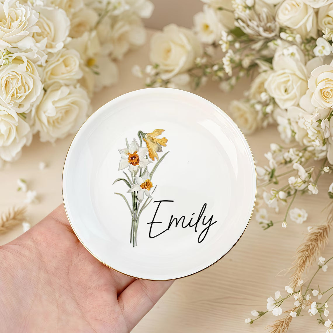 Personalised Birth Flower Trinket Dish – Custom Name Ring Dish Gift