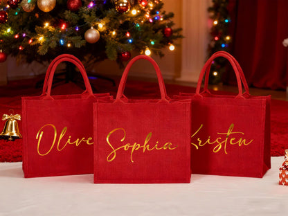 Personalized Burlap Christmas Gift Bag | Custom Red Holiday Gift Sack