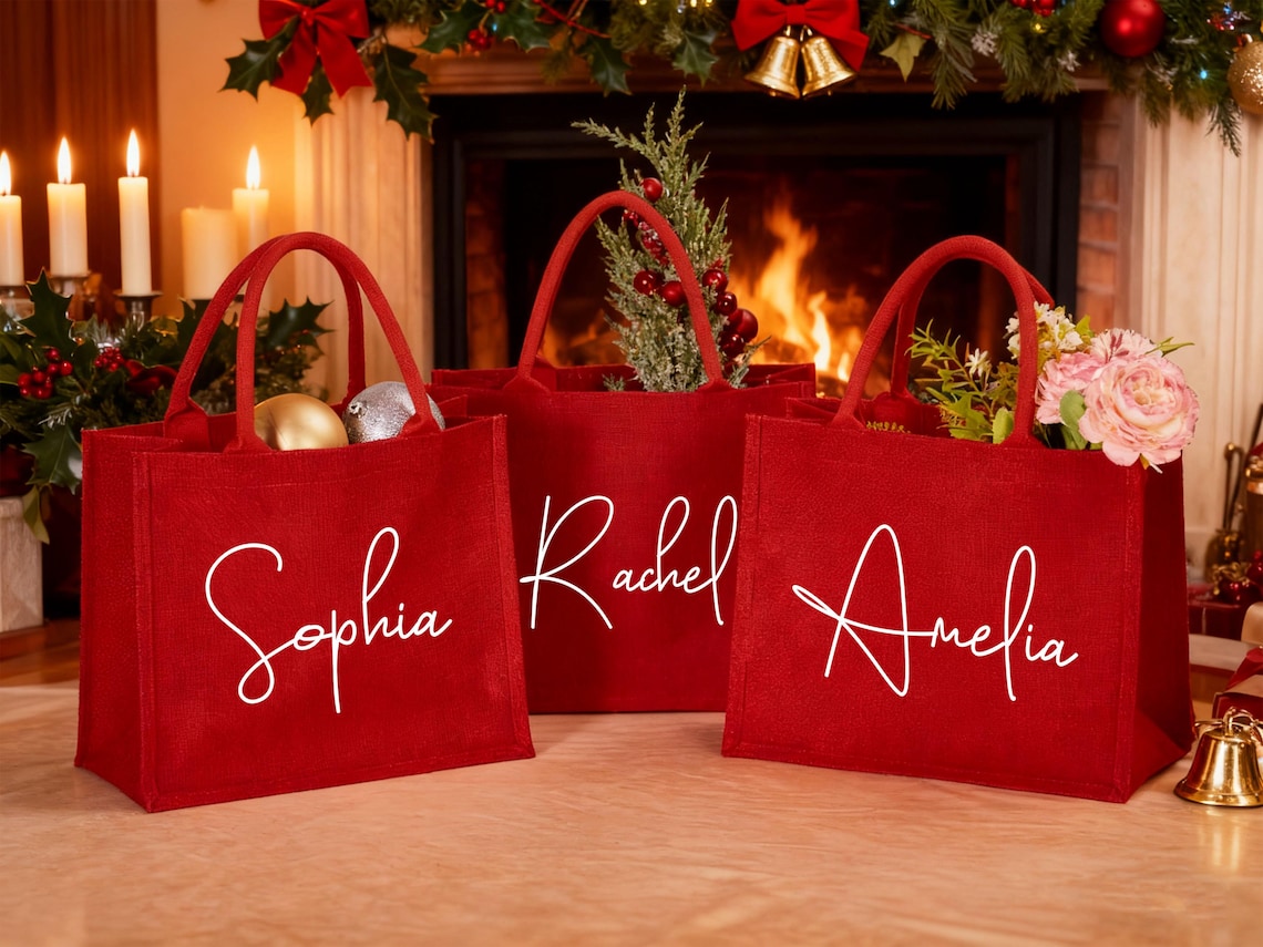 Personalized Burlap Christmas Gift Bag | Custom Red Holiday Gift Sack