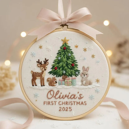 Custom Woodland Animal Baby’s 1st Christmas Embroidered Ornament