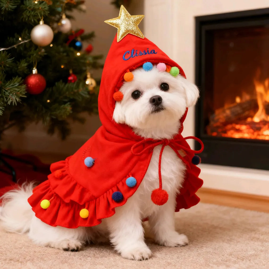 Personalized Christmas Pet Name Cape | Dog & Cat Holiday Outfit | Custom Embroidered Pet Cloak