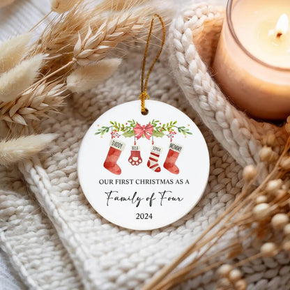 Our First Christmas Ceramic Ornament – Custom Family & Pet Keepsake 2–6 Members