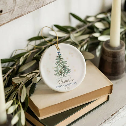 Baby’s First Christmas Ornament 2025 | Pink or Blue Bow Ceramic Keepsake